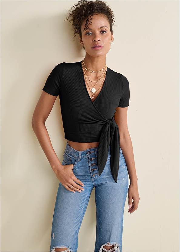 Ribbed Wrap Crop Top,New Vintage Wide Leg Jeans,Flare Leg High Waist Jeans