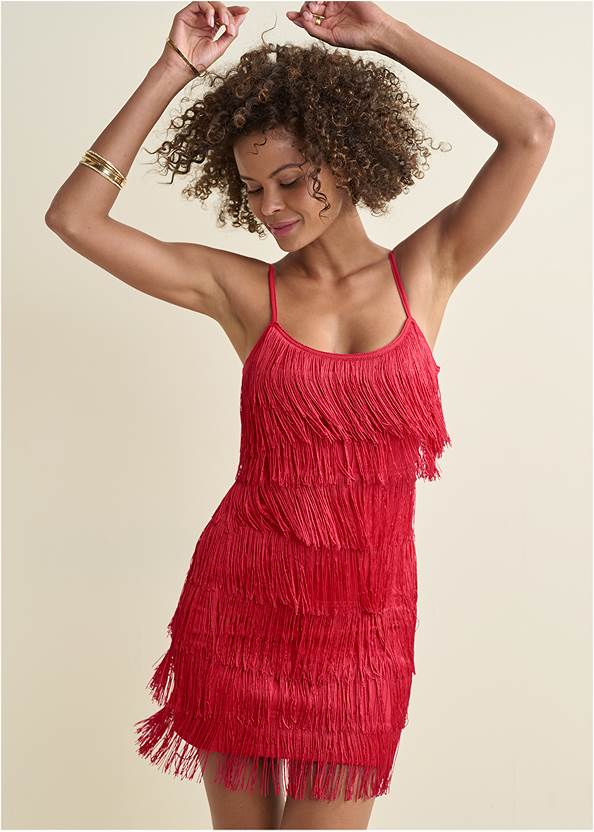 Cropped front view Tiered Fringe Mini Dress