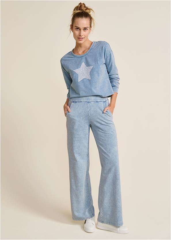 Stone Wash Sequin Pant Set,Lace-Up Star Sneakers,Silver Hoop Earrings Set,Braided Straw Bag
