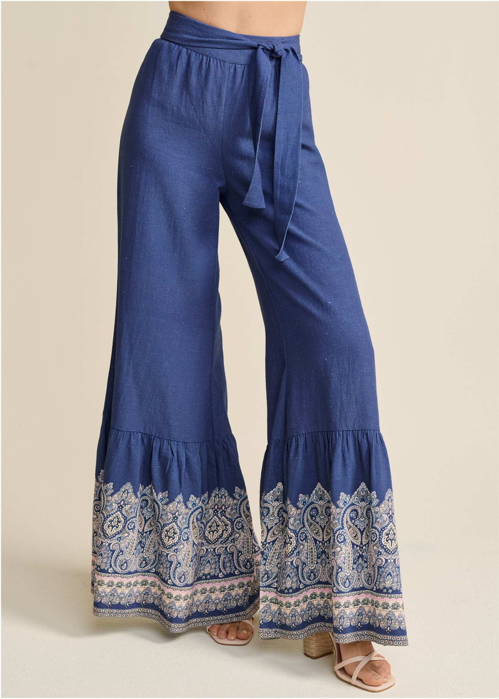 LINEN BORDER PRINT PANTS in Navy Multi | VENUS