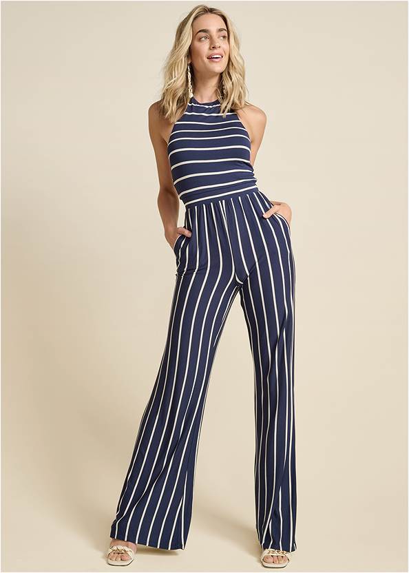 Striped Halter Jumpsuit,Tosha Chain Sandals,Peep Toe Mules,Quilted Shiny Leather Bag