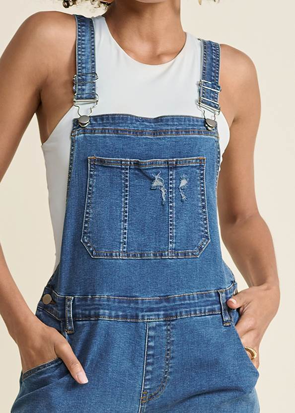 Detail front view Denim Flare Overalls