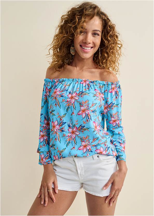 Off-The-Shoulder Printed Top,Cutoff Jean Shorts,Ripped Jean Shorts,Multi Color Stone Sandals,Studded Gladiator Sandals,Beaded Earrings,Tassel Detail Hoop Earrings
