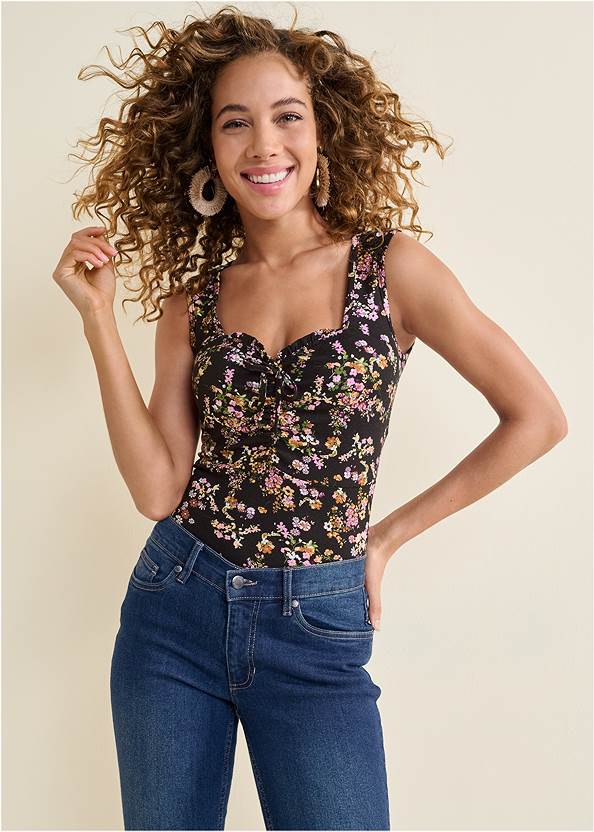 Tie-Front Floral Top,Halle Bootcut Jeans,Braided Double Strap Mules,Mixed Earring Set