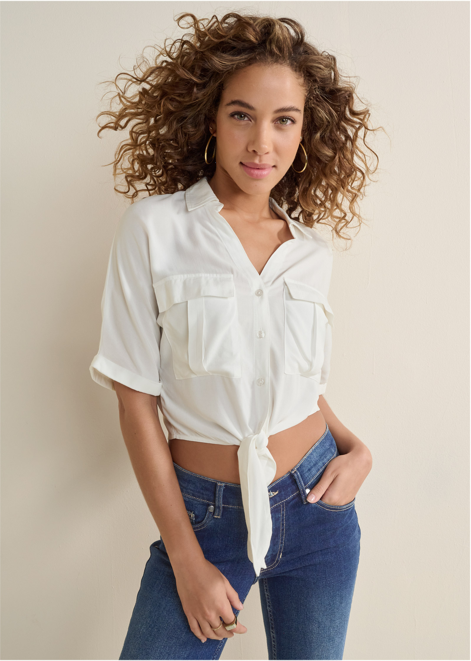 CROPPED BUTTON-UP TOP in White | VENUS