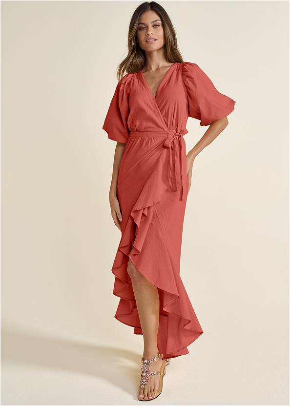 Ruffle Wrap Maxi Dress,Wes Strap Heel Sandals,Floral Earring,Quilted Shiny Leather Bag