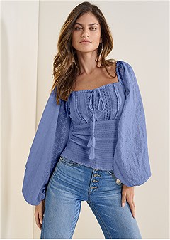 Blue Tassel Eyelet Top