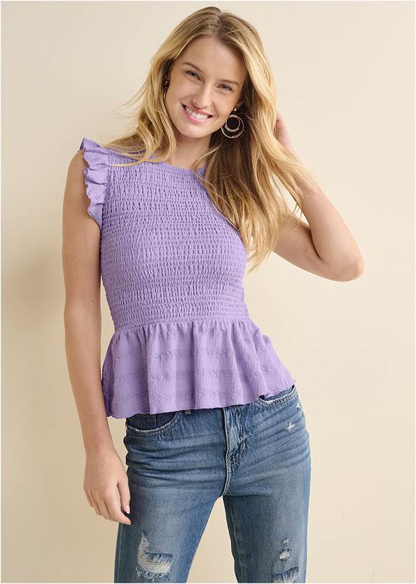 Cropped front view Smocked Peplum Top