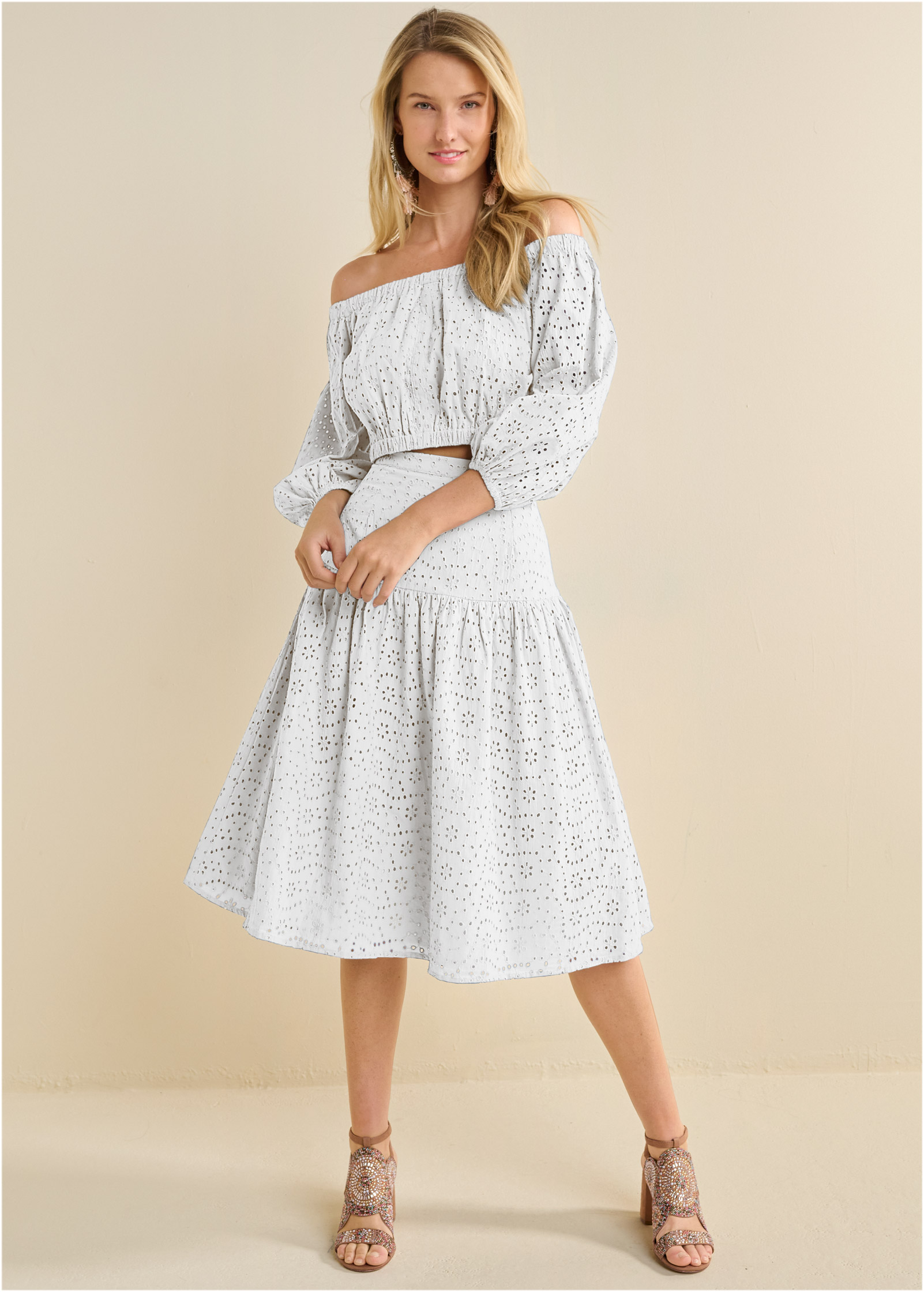 Two-Piece Eyelet Midi Dress in White | VENUS