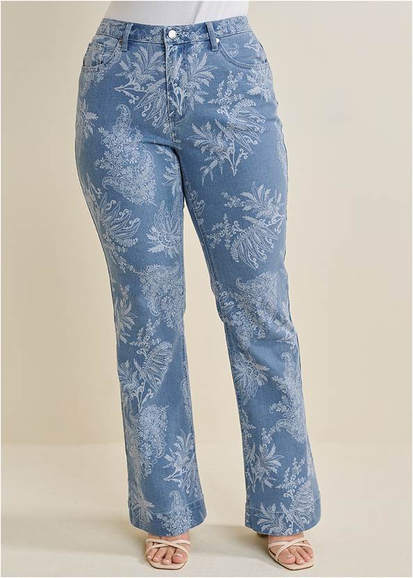 Front View Allover Print Flare Jeans
