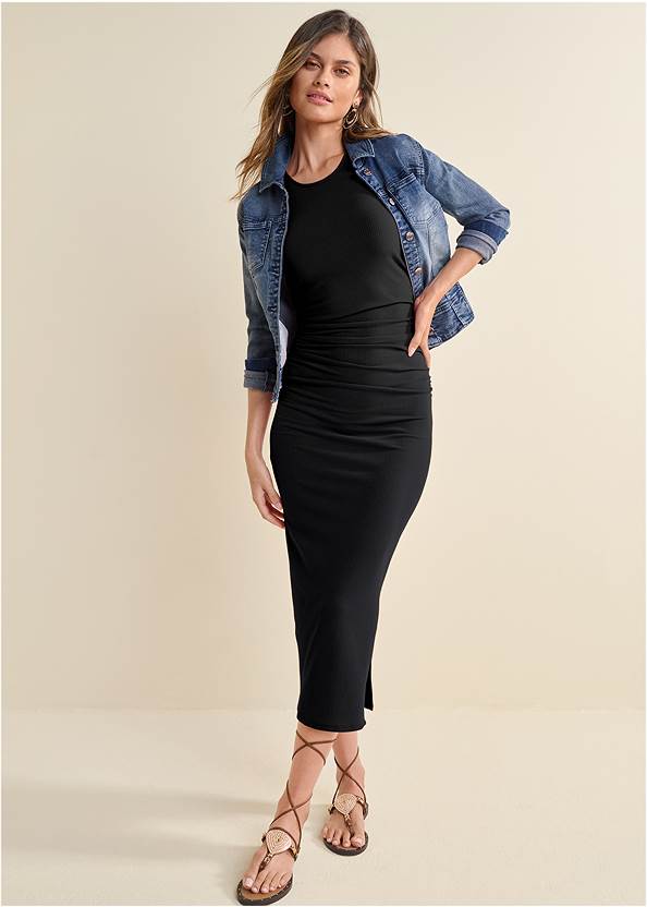 Full front view Ribbed Bodycon Midi Dress