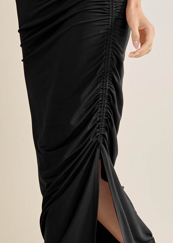 Detail front view Ruched Cowl Neck Maxi Dress