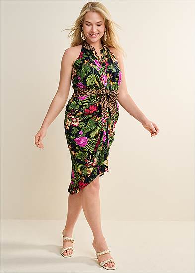 Plus Size Mixed Print Collared Dress