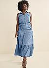 Front View Chambray Tiered Maxi Dress
