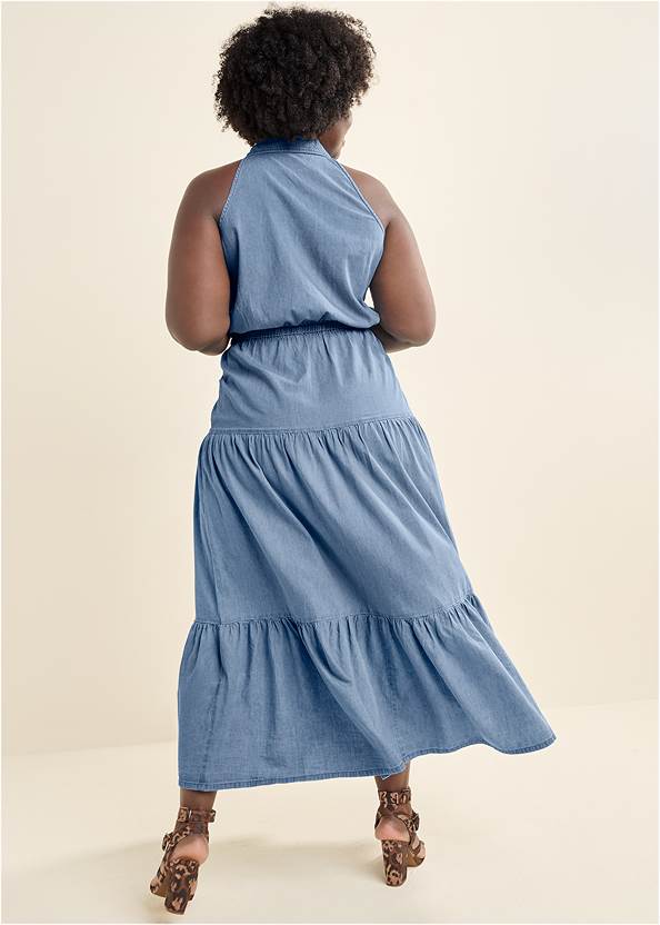 Back View Chambray Tiered Maxi Dress