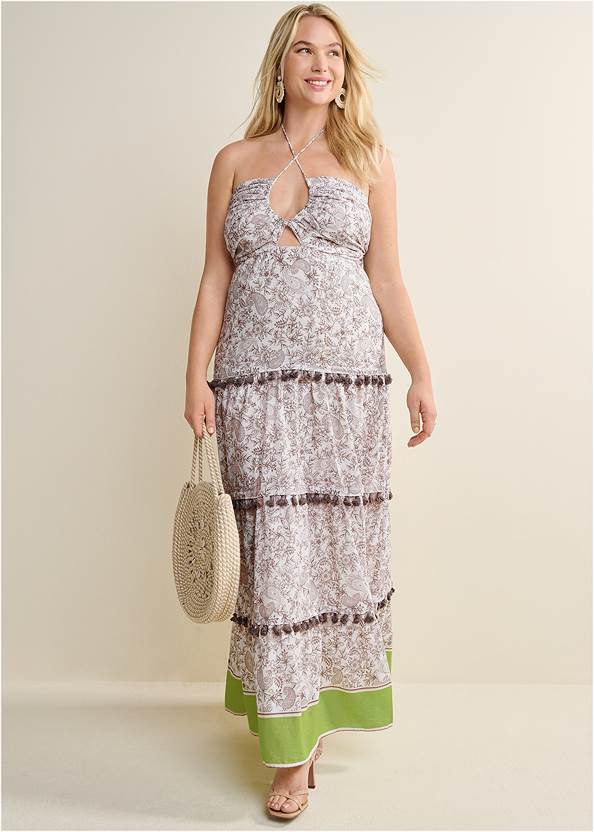 Tiered Tassel Maxi Dress,Striped Rope Shell Tote Bag