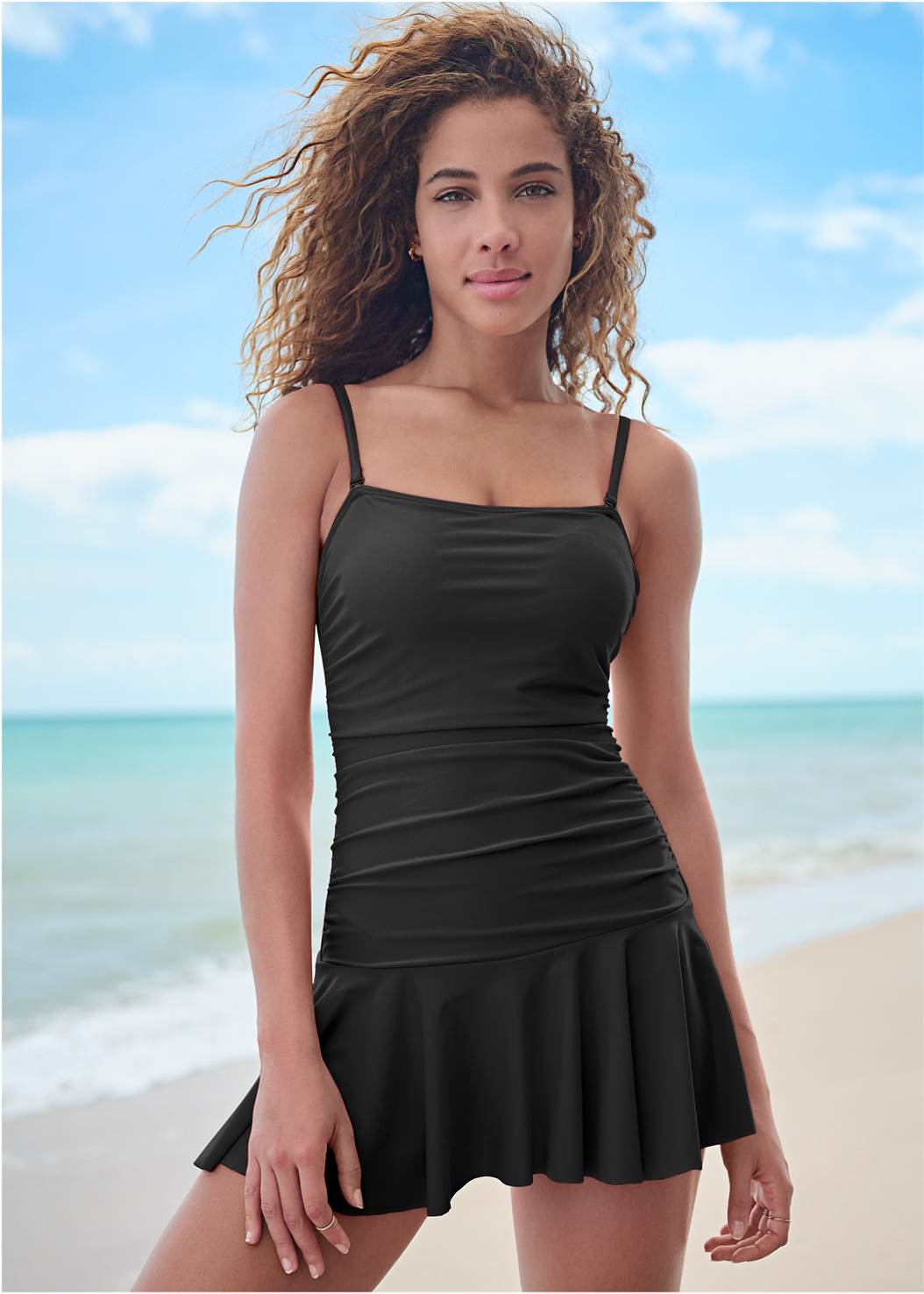 Skirted Bandeau One-Piece Swimsuit in Black Beauty