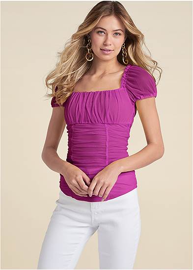 Ruched Mesh Short Sleeve Top