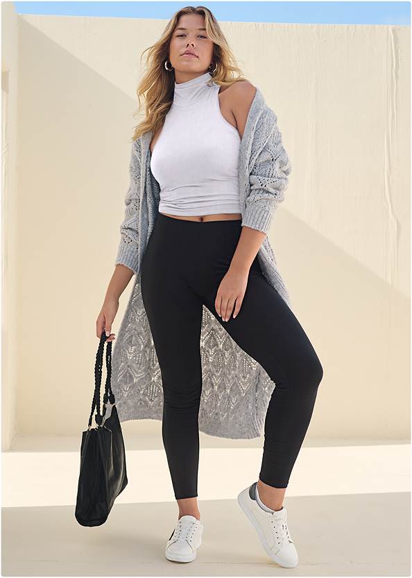 Basic Leggings,Cozy Open Knit Duster,Easy Halter Top,Long And Lean V-Neck Tee,Lace-Up Star Sneakers,Rhinestone Thong Sandals,Striped Rope Shell Tote Bag,Clutch Shoulder Bag Combo,Mock-Neck Seamless Top