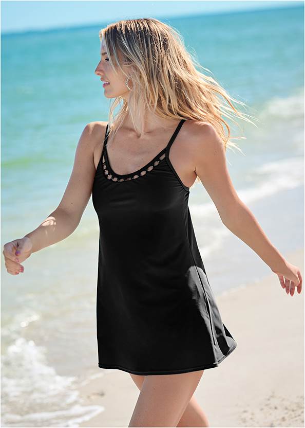 Ring Swim Dress,Belted One-Piece,Eyelet Maxi Cover-Up Dress,Gathered Neckline Maxi