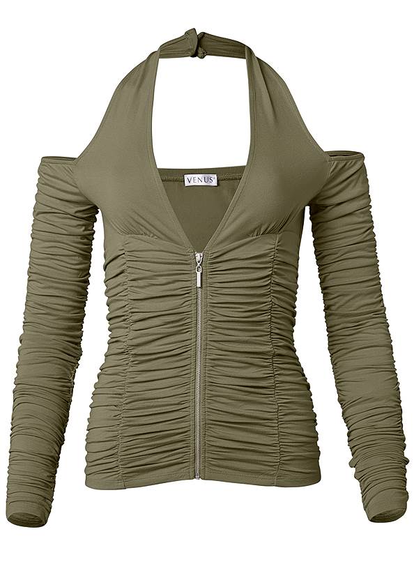 Alternate View Zip-Up Ruched V-Neck Top