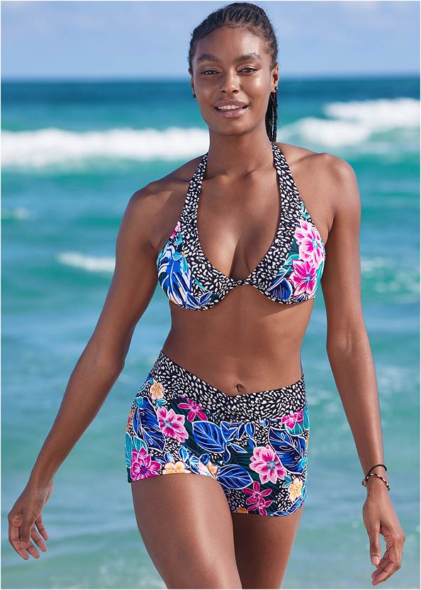 Belize Halter Bikini Top,V-Front Swim Shorts,Mesh Band Low-Rise Bottom,Easy Swim Shorts,Button Down Cover-Up Dress