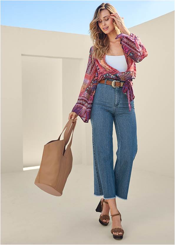 New Vintage High Rise Jeans,Printed Tie-Front Top,Basic Cami Two Pack,Braided Platform Heels,Laura Pumps,Studded Western Belt,Butterfly Chain Earrings,Pom Detail Tote Bag