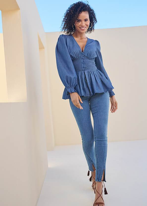 Alternate View Smocked Waist Chambray Top