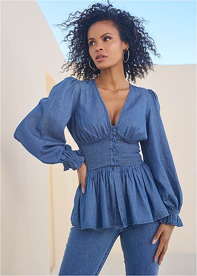 Plus Size Smocked Waist Chambray Top