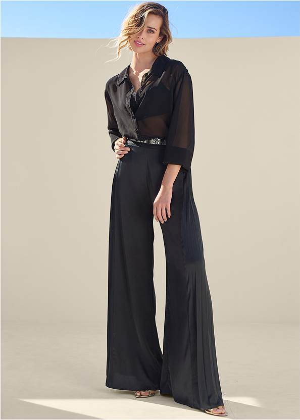 Side Pleat Wide Leg Pants,Sheer Button-Up Sexy Shirt,Pearl By Venus® Cami Bra,Sexy Ankle Strap Heels,Beaded Sparkle Hoop Earring,Croc Textured Handbag,Lace Smoothing Brief