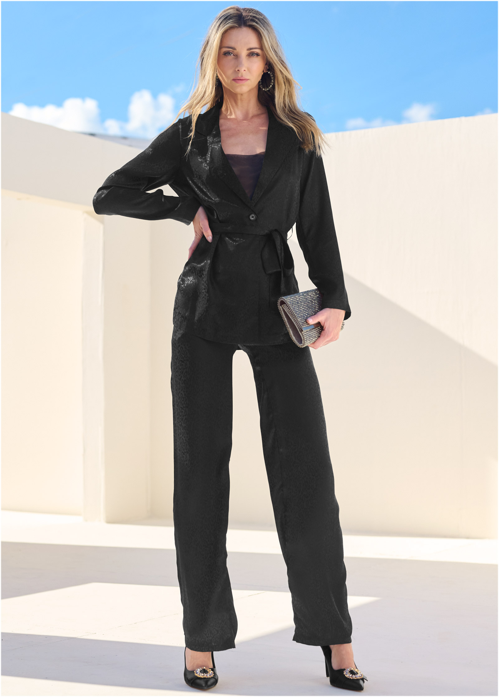 Womens black pant suit hotsell for funeral