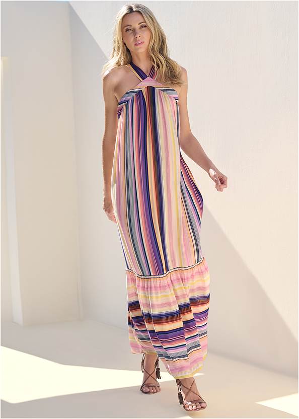 Full Front View Striped Tiered Maxi Dress