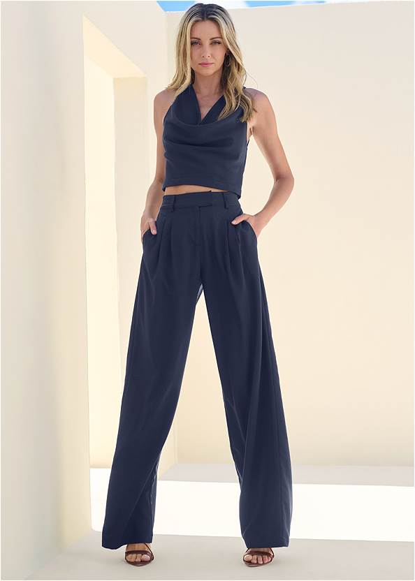 Front View Cowl Neck Top And Pant Set
