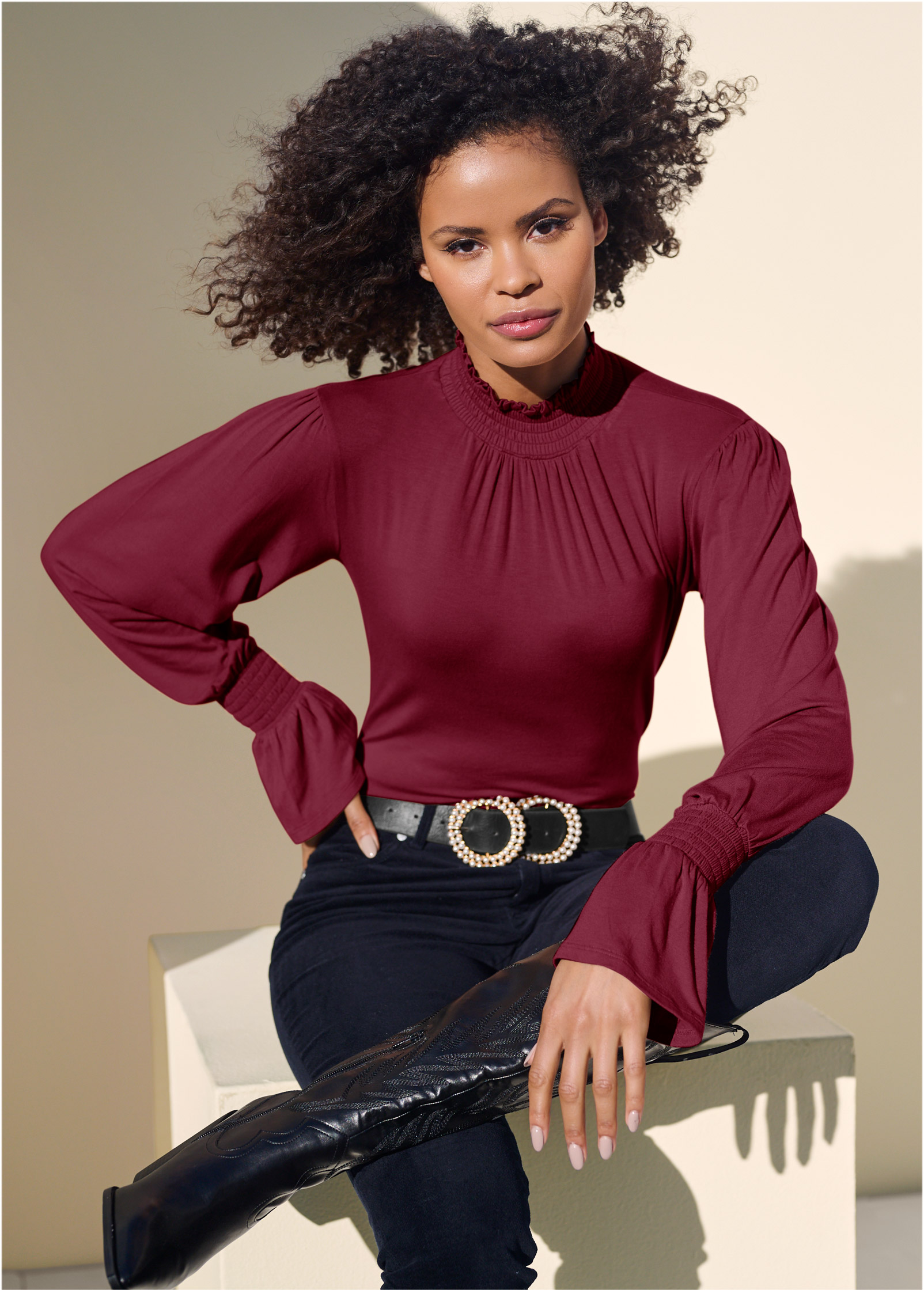 MOCK NECK KNIT BLOUSE in Dark Red | VENUS