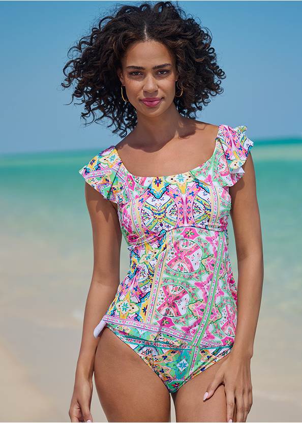 Full front view Flutter Sleeve Tankini Top