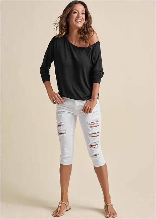 Ripped Capri Jeans,Casual Long Sleeve Tee,Cold-Shoulder V-Neck Top,Rhinestone Thong Sandals