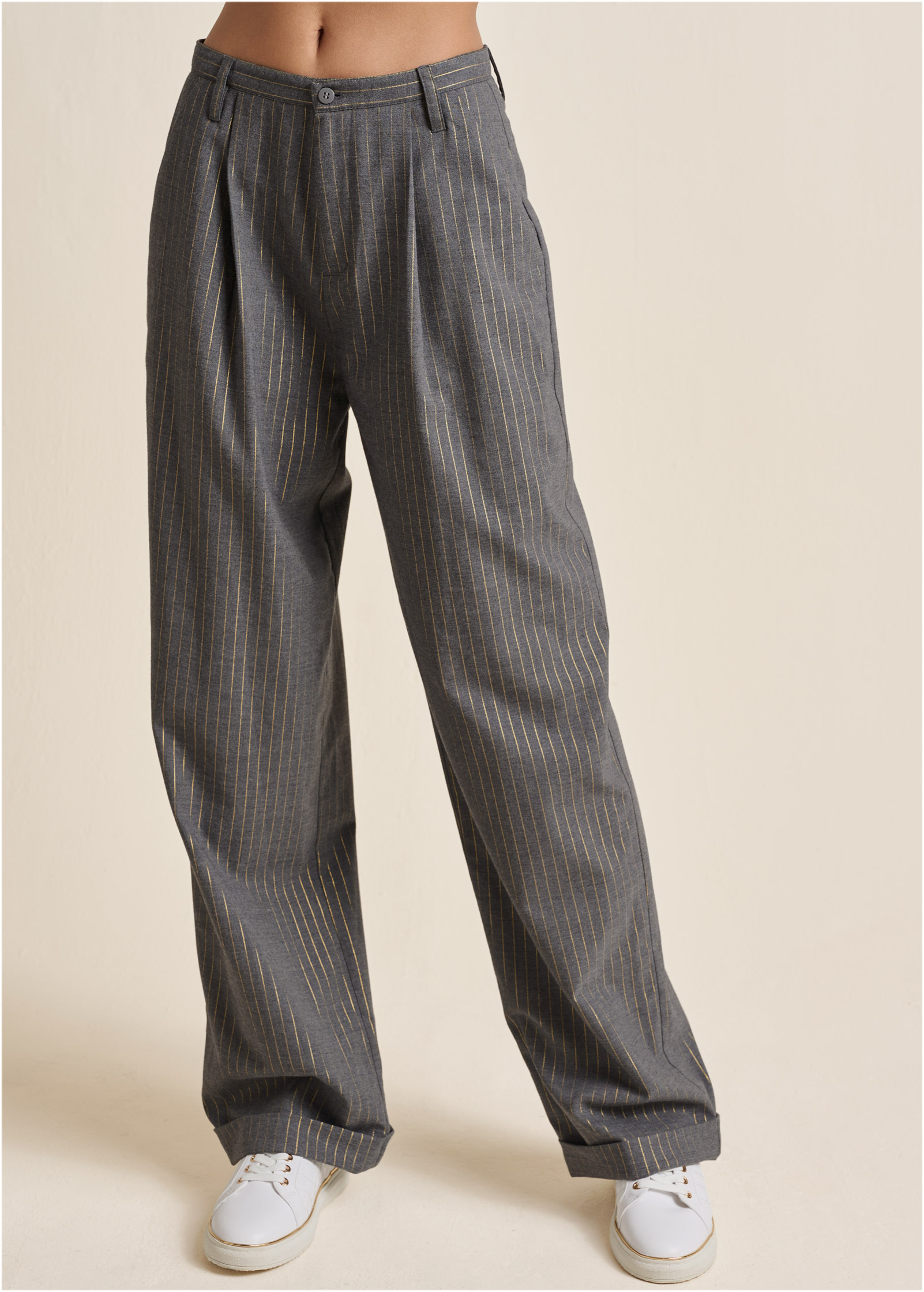 STRIPE WIDE LEG TROUSERS in Grey & Gold | VENUS