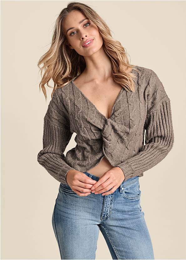 Cropped front view Twist Front Sweater