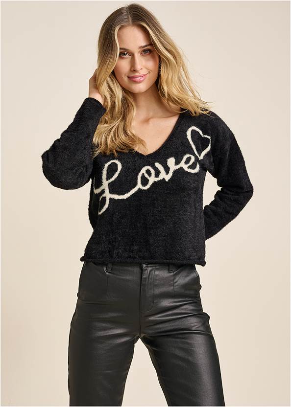 Love Graphic Sweater,Coated Flare Jeans,Satin Ruffle Heels