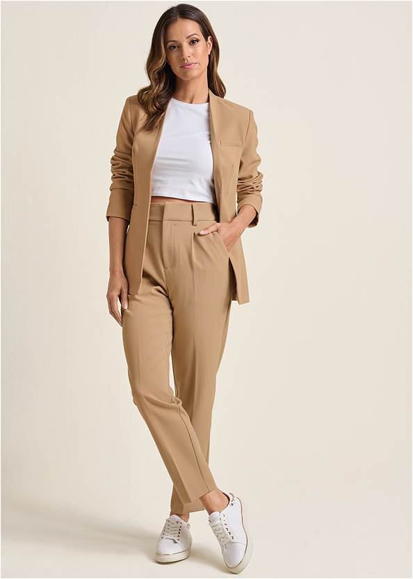 Tailored Suit Pants,Structured Blazer,Pointed Lace-Up Heels