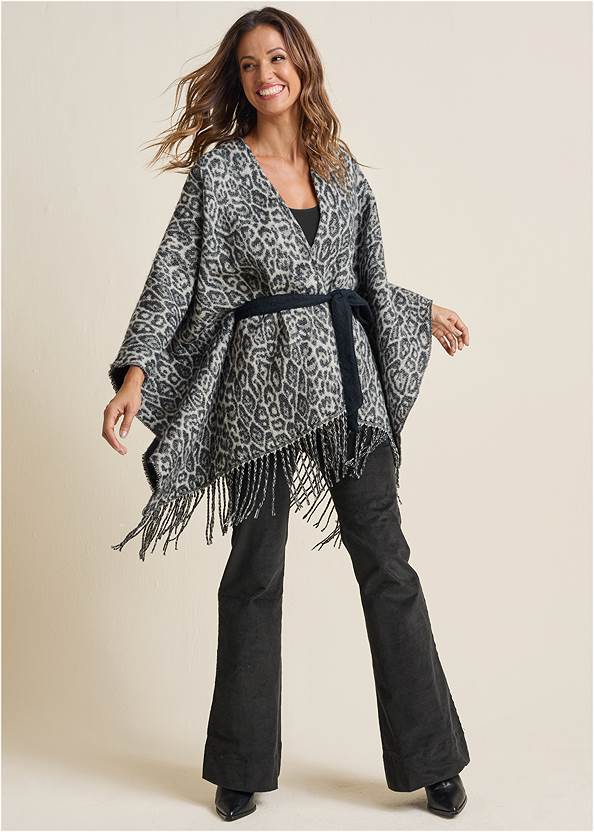 Leopard Wrap Knit Cape,Seamless Ribbed Tank,Corduroy Flared Pants,Slip-On Cowgirl Boots