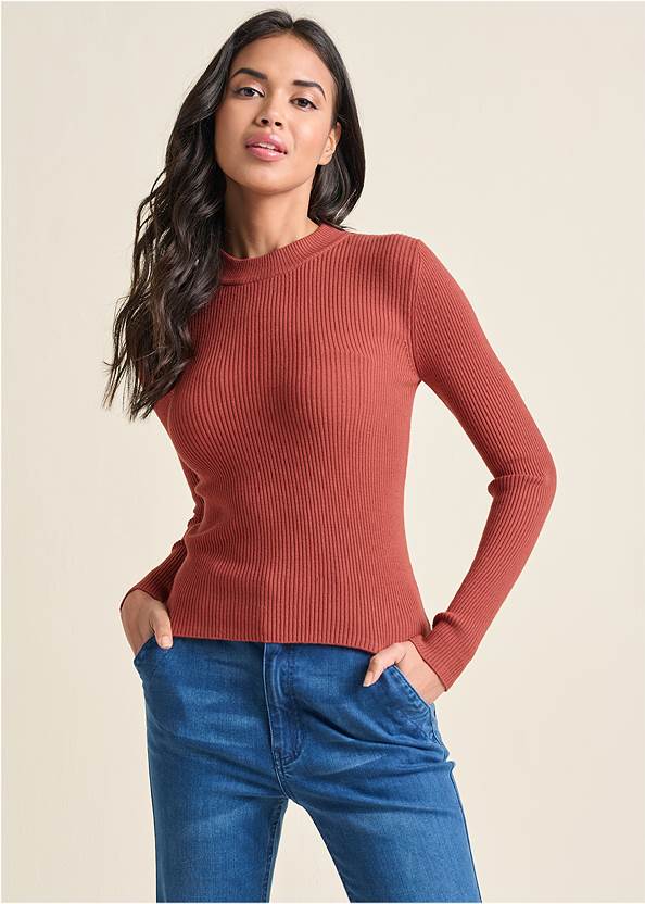 Ribbed Long Sleeve Top,High-Waist Flare Jeans,Pointed Lace-Up Heels