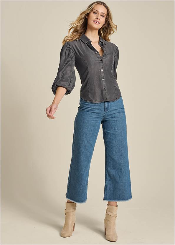 Front View Puff Sleeve Button Down Top