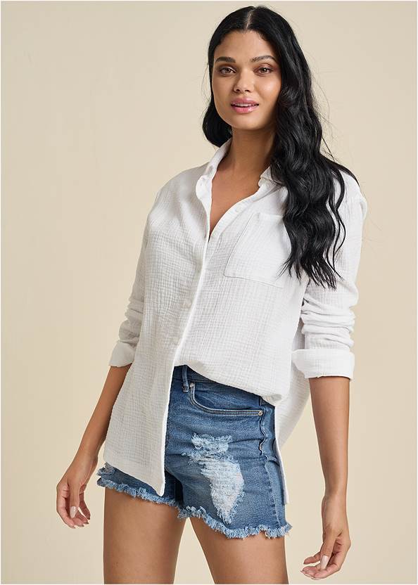 Cropped front view Textured Button-Down Top