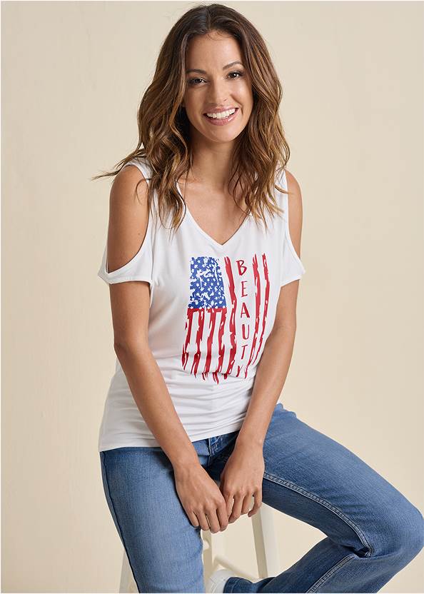 Americana Cold-Shoulder Top,Bootcut Jeans,Cutoff Jean Shorts,Lace-Up Star Sneakers,Silver Hoop Earrings Set,Braided Straw Bag