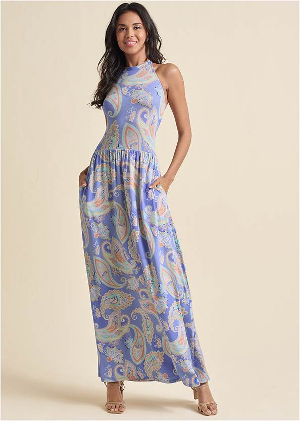 High Neck Maxi Dress in Blue Multi | VENUS
