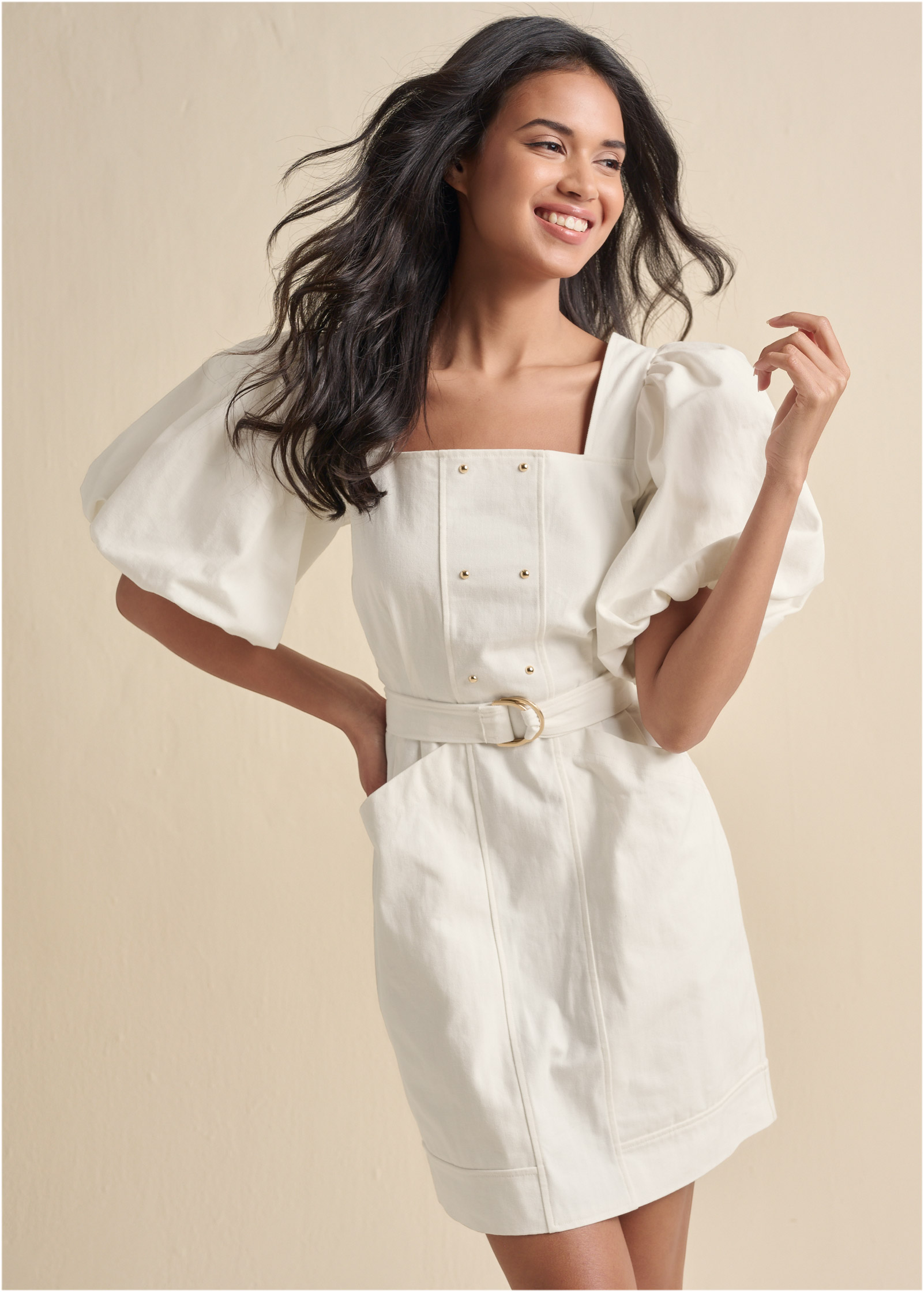 Puff Sleeve Twill Dress in White Denim | VENUS