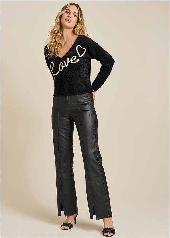 Coated Flare Jeans,Love Graphic Sweater,Satin Ruffle Heels