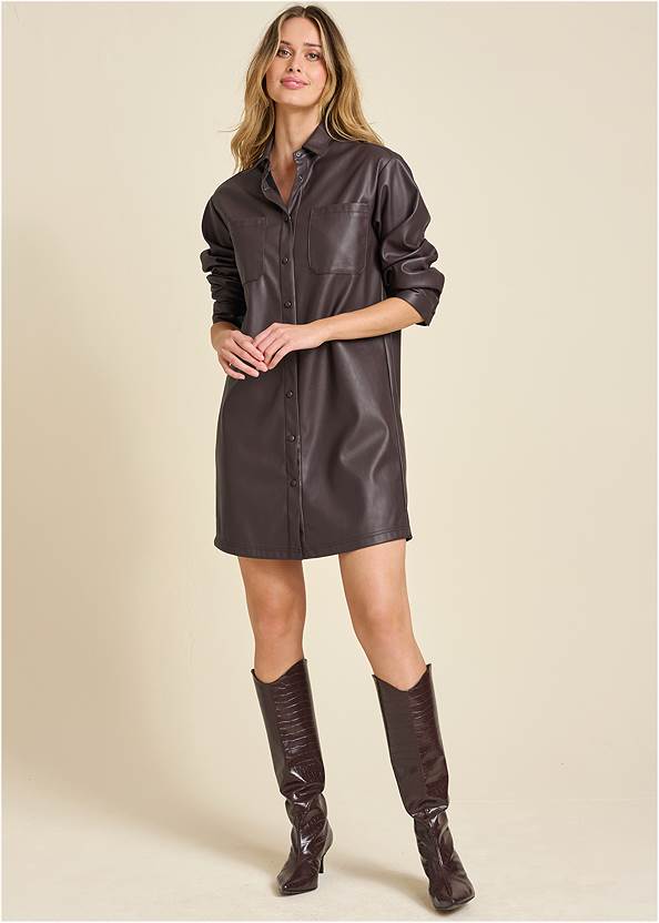 Faux Leather Shirt Dress,Faux Croc Boots,Pom Detail Tote Bag