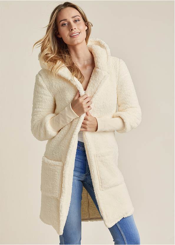 Cropped front view Cozy Sherpa Hooded Jacket